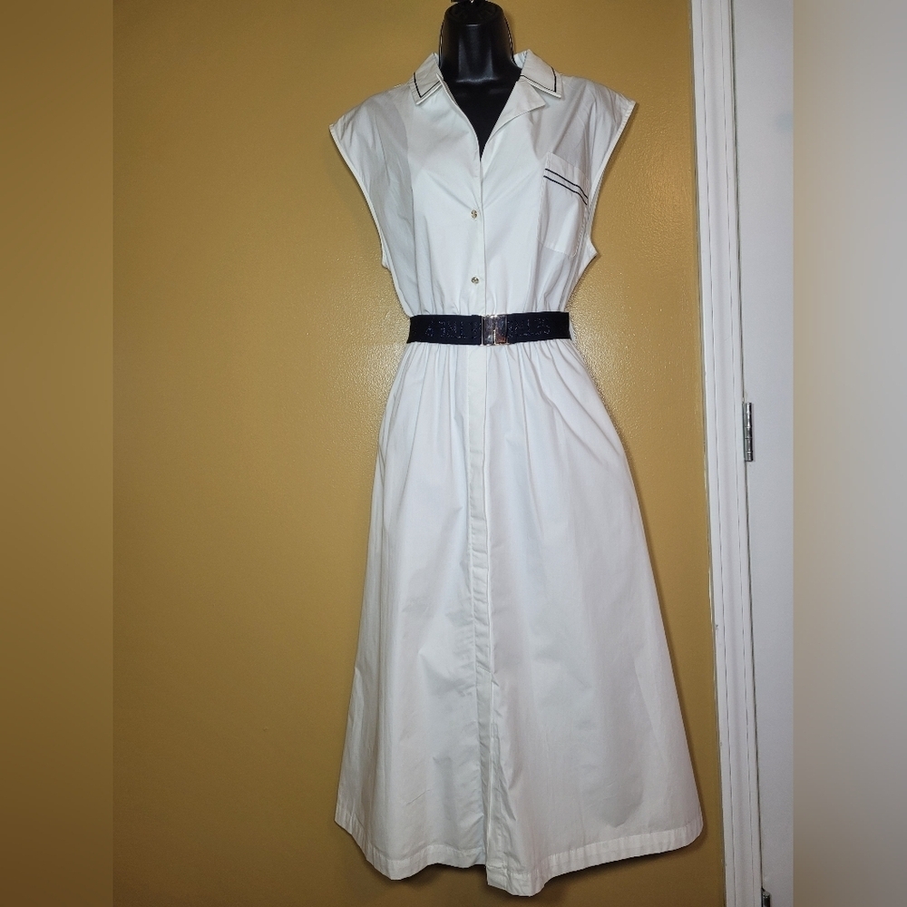 NWT Setre 100% Cotton White Belted Midi Dress sz 10 00120